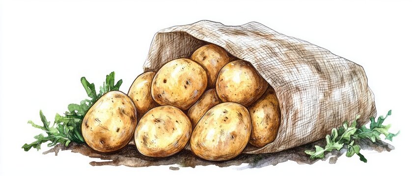 Hand-drawn illustration of potatoes in a burlap sack.
