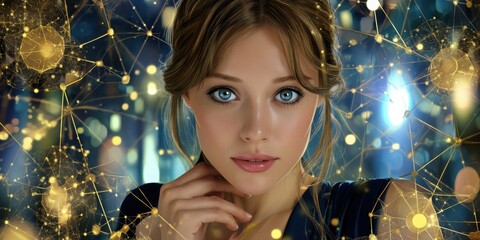 Expansion of AI Concept. A stunning portrait of a young woman with beautiful blue eyes and soft makeup, surrounded by an enchanting abstract light pattern.