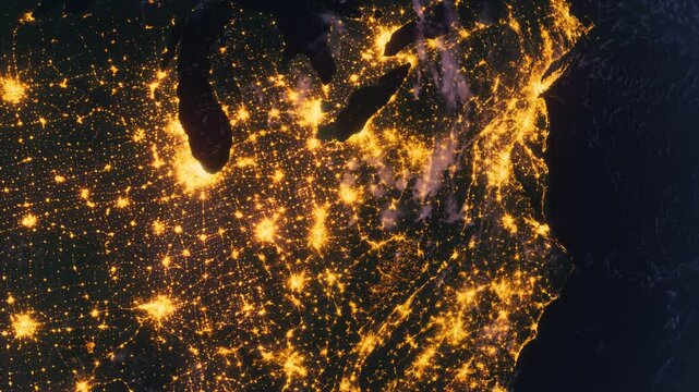 Planet Earth at Night. USA, New York Zoom In. View from Space Orbit. Night Globe
