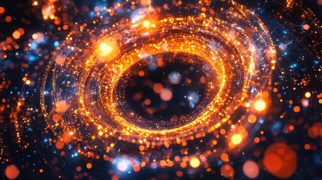 Abstract swirling vortex of golden and blue particles