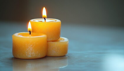 Three warm, golden candles stacked, gently glowing
