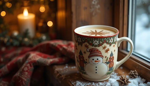 Festive winter scene featuring a steaming mug of cocoa with snowman illustration, adorned with Christmas decorations and a cozy blanket near a window overlooking snow falling