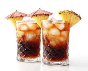 Two glasses of iced drinks garnished with pineapple slices and paper umbrellas