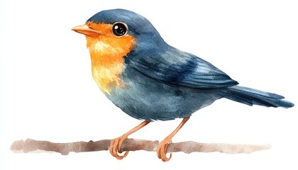 Watercolor illustration of a small bird perched on a branch
