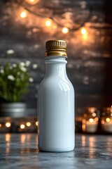 White bottle with gold cap on table