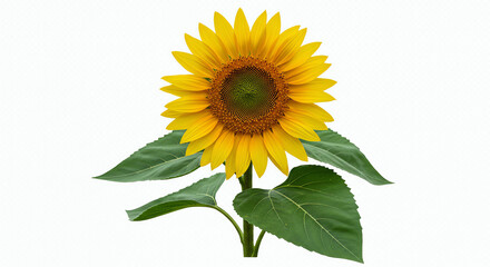 Sunflower plant with yellow petals and green leaves