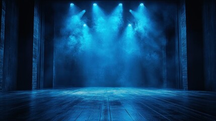 Blue-lit stage with smoke