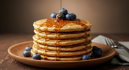 Stacked pancakes with syrup and blueberries
