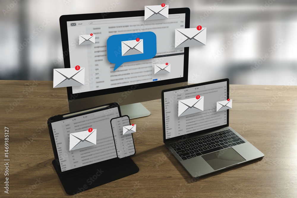 Poster man reading e-mail on smartphone email inbox and email with laptop on internet information from spam