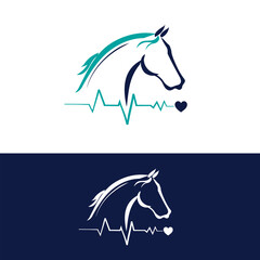 heart cardiogram and horse head line art logo, equine veterinary logo design with variations, vector illustration