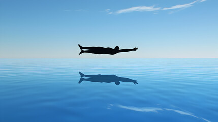 Floating Towards Freedom: A solitary silhouette of a person in a Superman-esque pose, gliding over a tranquil ocean under a boundless blue sky.