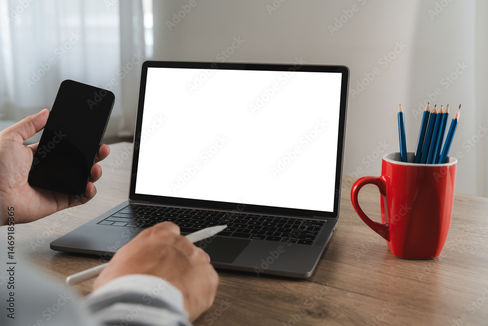Wall mural mock up using laptop with blank screen computer modern