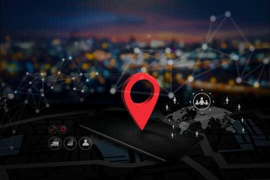 GPS tracking system real-time image shows digital map with large red location pin, connected to network of icons representing people and global