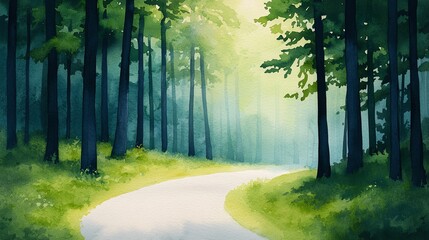 Nature trail illustrations, woodland, watercolor glowing forest path