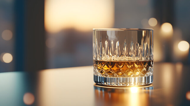 Golden Hour Whisky: A crystal glass of amber whisky rests on a polished surface, illuminated by the warm glow of the setting sun. This photograph captures the essence of relaxation and sophistication.