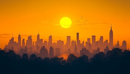 Obraz premium Silhouette cityscape at sunset over trees.