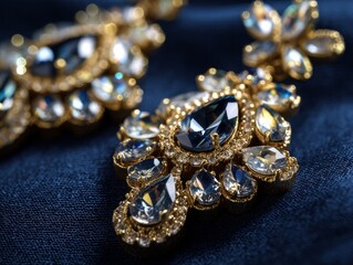 close-up of statement earrings with sparkling gemstones, elegant detail, photorealistic, isolated on deep navy background