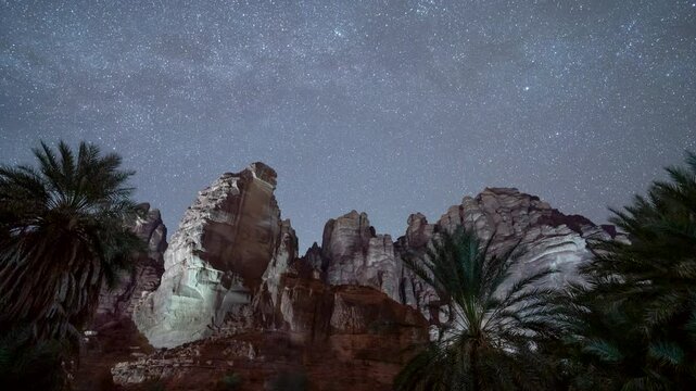 4K time-lapse video showing star motion above sandstone cliffs in Disah Wadi, Tabuk, Saudi Arabia. This desert night sequence blends astronomy and geology for editorial.