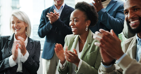 Business, people and audience with applause in seminar for company excellence, recognition or...