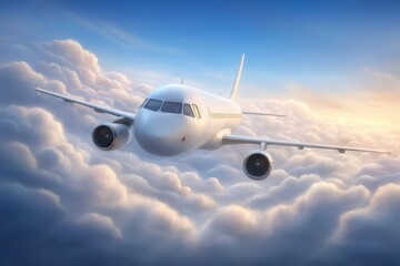 Fototapeta premium A commercial airplane soaring through fluffy clouds under a clear blue sky symbolizing travel adventures and global connectivity with a sense of freedom captured with clarity