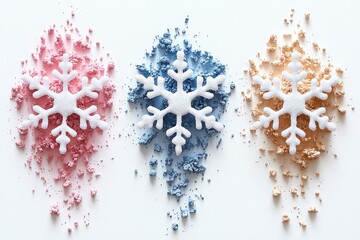 Fototapeta premium Three snowflake shapes atop crushed eyeshadow powder
