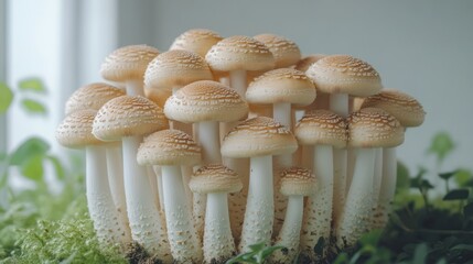 Close-up view of a cluster of edible mushrooms.