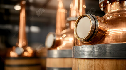 Crafting Whiskey: A close-up reveals the gleaming copper stills central to whiskey production, with the focus on the unique craftsmanship and traditional processes. 