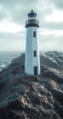Lighthouse on rocky outcrop, overcast seascape