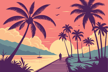 46 palm trees, sunset, reflection, tropical, paradise, serene, reflective surface, long walkway, atmospheric, vibrant colors, cinematic, digital art