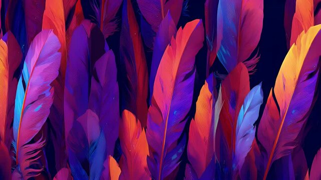 Vibrant and colorful digital artwork of feathers in shades of purple, pink, and blue, creating a mesmerizing pattern