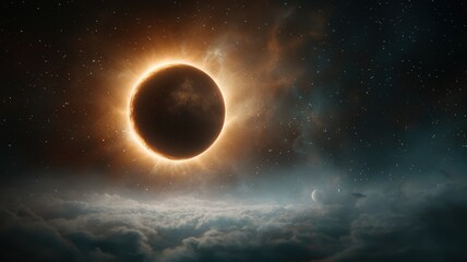 Naklejka premium Celestial Total Solar Eclipse with Glowing Corona over Clouds and Starry Sky corona celestial sky