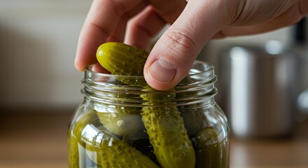 A Hand Carefully Placing a Pickle into a Glass Jar Filled with Other Pickles, Capturing a Moment of Simple Culinary Preparation