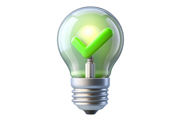 3D Render of Light Bulb with Green Checkmark Inside PNG Transparent Background