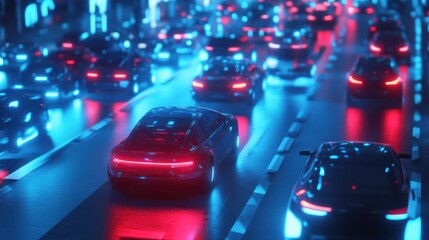 Fototapeta premium Futuristic autonomous vehicle convoy illuminated by vivid neon lights