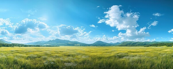 Obraz premium panoramic view of vibrant grassland beneath a bright blue sky with scattered fluffy clouds idyllic scene