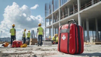 First Aid Kit on Concrete Floor at Construction Site for Workplace Safety safety workplace concrete
