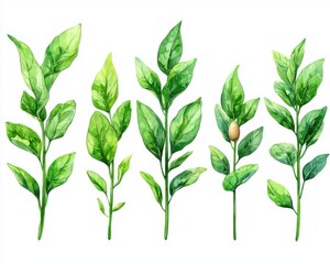 Watercolor botanical illustration of various leaves and stems