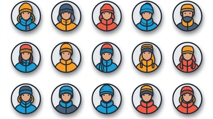 Winter apparel profiles.  Various people wearing winter hats and coats