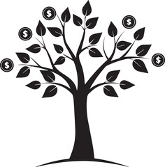 Money Tree Growth: A minimalist silhouette illustration of a money tree with multiple coins growing from the branches, symbolizing growth and financial prosperity.  