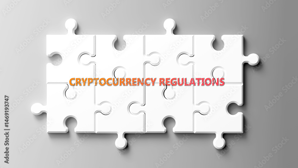 Aufkleber cryptocurrency regulations complex like a puzzle - pictured as word cryptocurrency regulations on a 