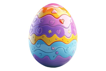 Vibrant Easter egg with embossed patterns of waves, stars, and hearts in pastel colors isolated on white transparent background. Festive holiday decoration concept