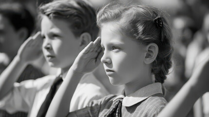 1950s Schoolchildren Saluting the Flag on Memorial Day – Candid Black and White