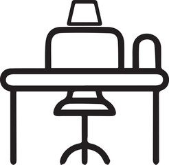 Workspace Icon: Simple, modern line art depicts an office desk and chair, perfect for illustrating business and work-related themes.