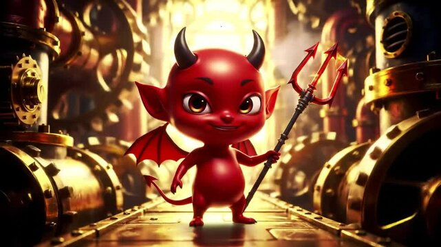 Steampunk Devil Cartoon Character in Industrial Setting