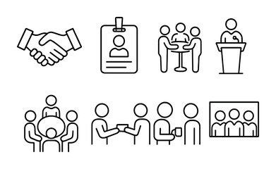 Business and networking icons set – outline, linear, meeting and corporate symbols