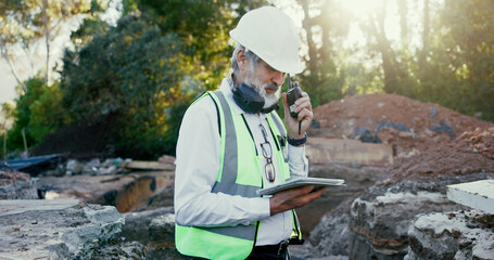 Building, radio and tablet with construction worker man on site for communication, development or...