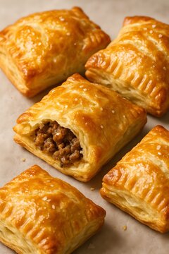 Delicious Close-Up of Golden Savory Meat-Filled Puff Pastry Bites &ndash; Crispy, Flaky, Juicy Snack Perfect for Appetizers or Party Food