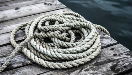 Fototapeta premium Coiling and uncoiling rope dockside photography calm water environment close-up view nautical concept