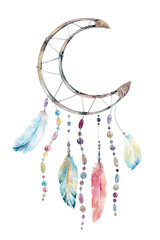 Dreamcatcher in shape of moon with beads and feathers. Tribal indian amulet hand painted watercolor illustration element isolated on white. Boho clipart for ethnic, mystical, native interior design