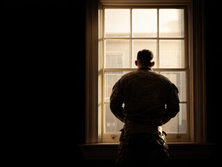 Standing in Stillness: Soldier at Window with Hands Behind Back